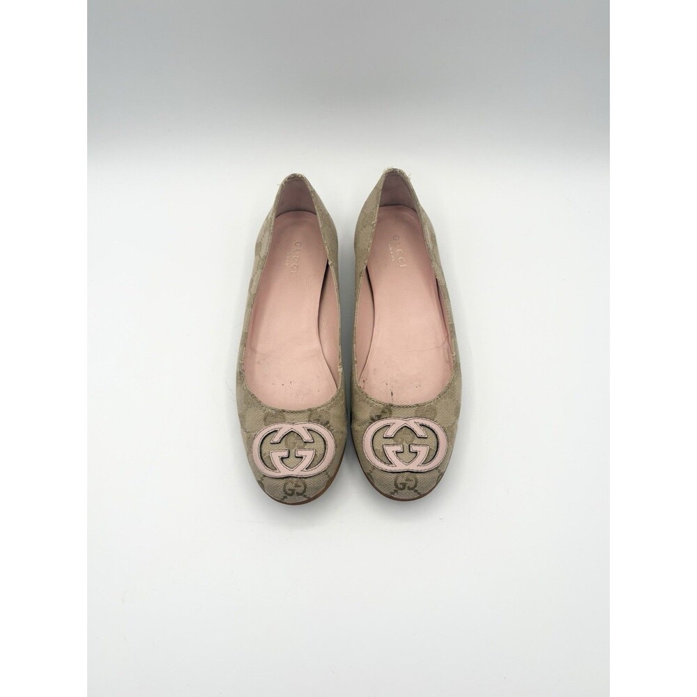 Gucci Brown Canvas Monogram Ballet Flats Baby Pink GG Logo Accent Size EU 35.5